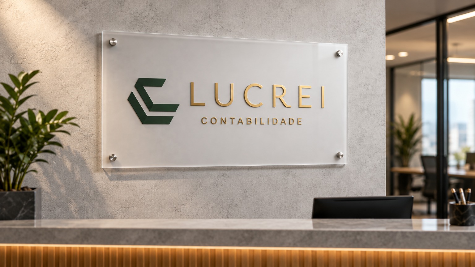 Escritório premium da Lucrei Contabilidade com identidade visual aplicada em um ambiente corporativo elegante.